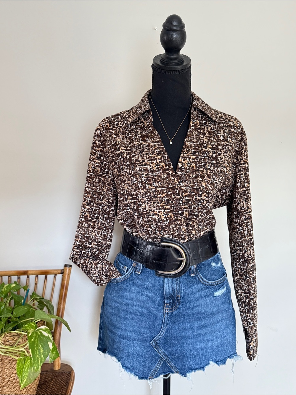 croft & barrow Brown Printed Long-Sleeve Collared Blouse